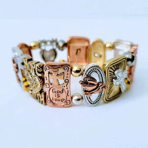 Faith Hope God Is Love Bracelet Religious Tri Tone Stretch Cross Dove